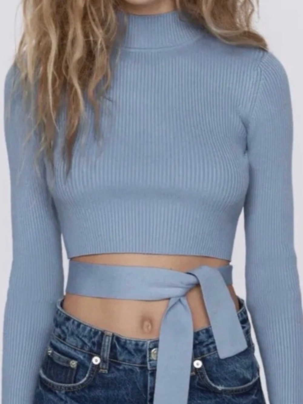 Zara Blue Ribbed Open Back Tie Crop Top Long Sleeve Size Small
